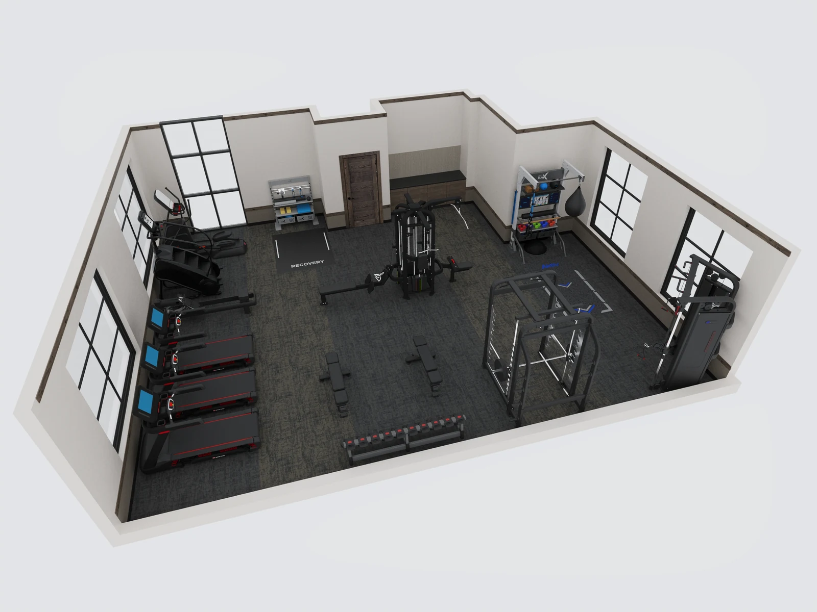 3D design plan of a fitness room with a treadmill row, functional trainer, half rack and a marked recovery zone