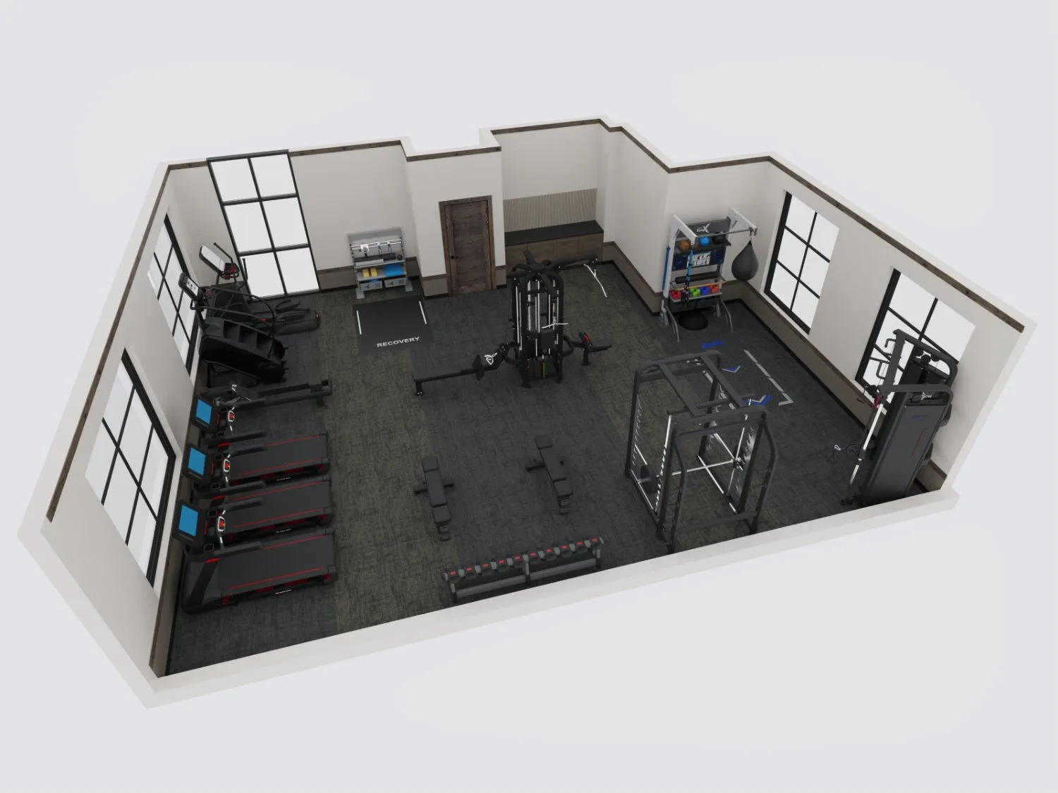 Isometric 2D floor plan of a multi-zone gym with a marked recovery area, treadmill row, functional rig and boxing station