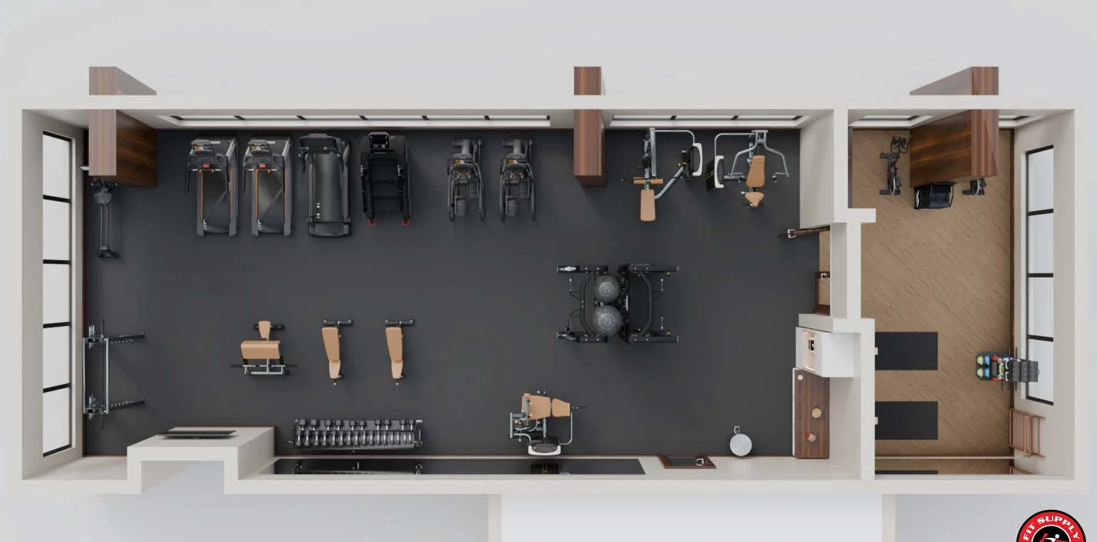 Overhead design plan of a two-room fitness suite with a cardio and strength floor beside a wood-floored studio