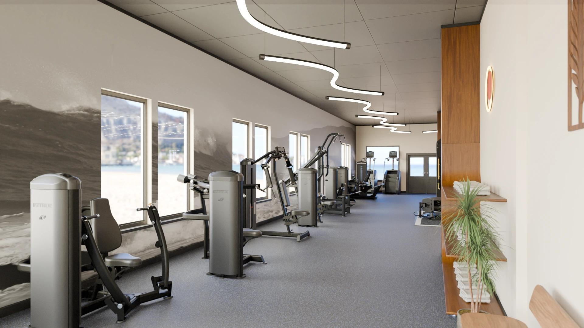 3D rendering of a cardio and strength room with True and Nautilus selectorized machines along a window wall