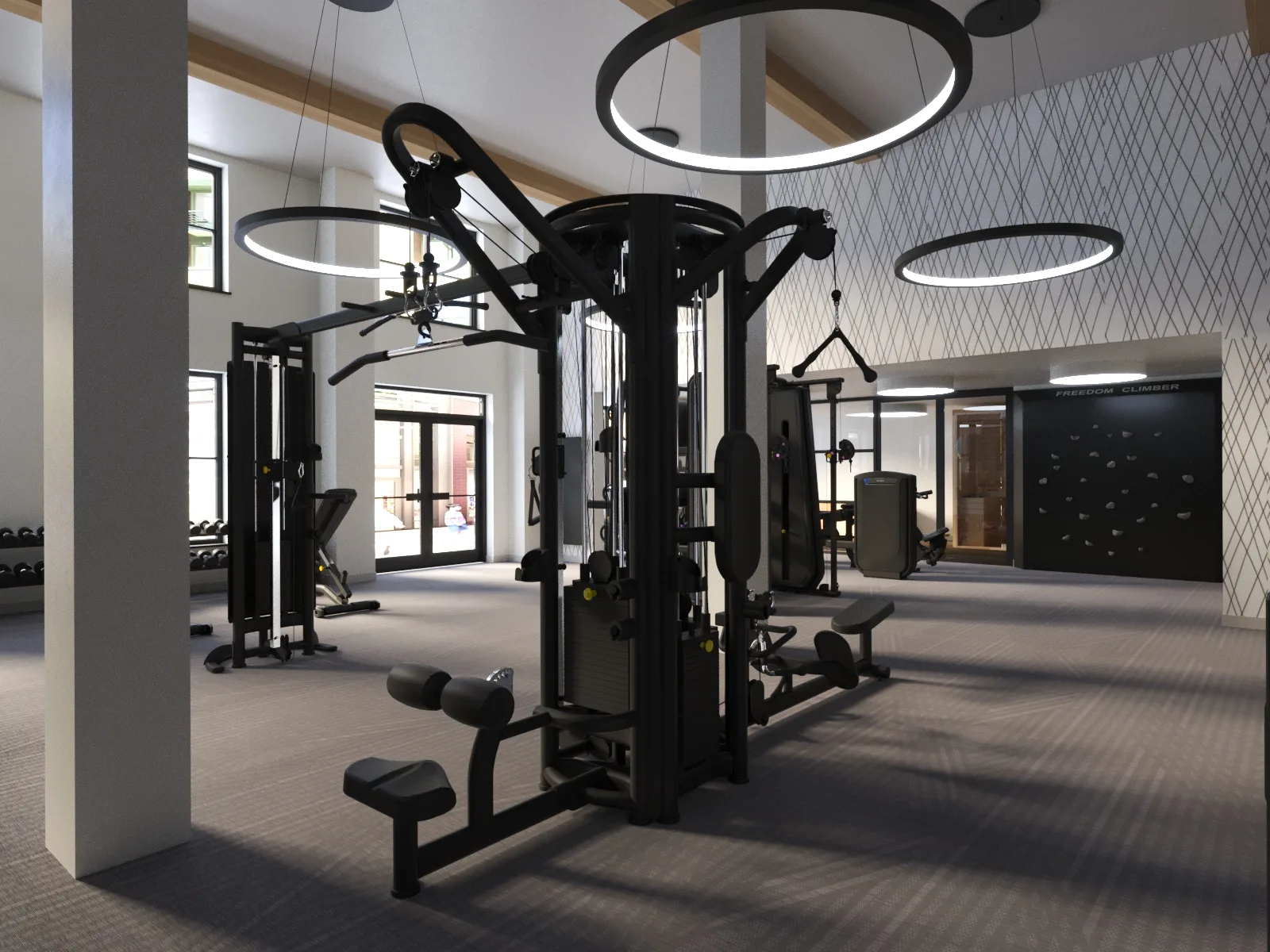 3D rendering of a strength room with a multi-station functional trainer and a Freedom Climber rock-climbing wall