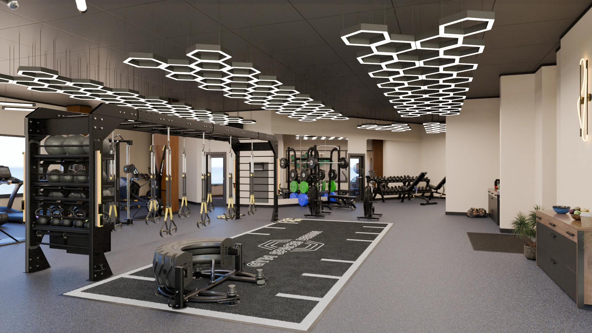 3D rendering of a functional training zone with a rig, kettlebell and medicine ball storage on turf flooring