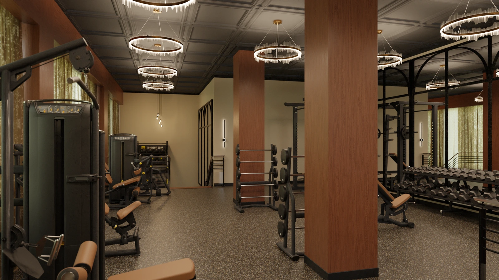 3D rendering of a strength room with wood-clad columns, ring chandeliers, dumbbell racks and a functional rig