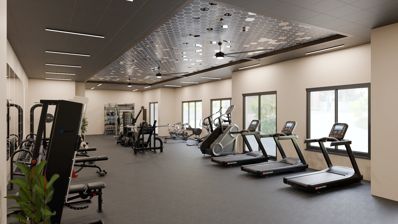 3D rendering of a strength room with Star Trac treadmills, Nautilus selectorized machines and a mirror ceiling feature