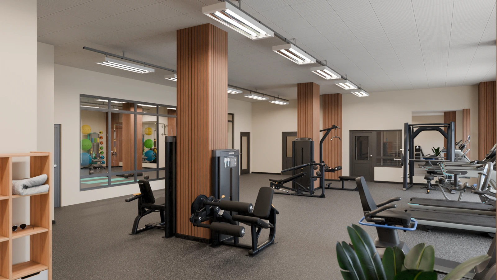 3D rendering of a fitness facility with wood columns, strength machines and a separate studio room through glass