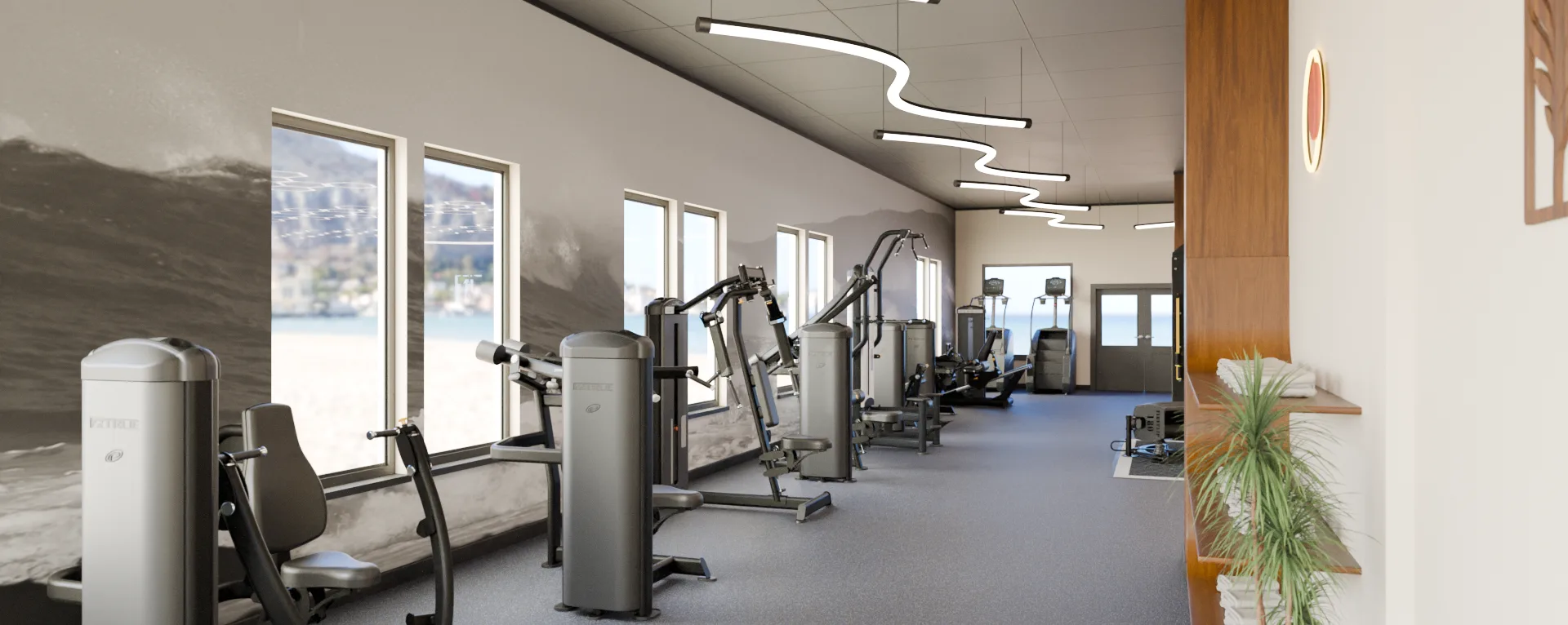 3D rendering of a strength room with a wave-mural accent wall, True and Nautilus selectorized machines and a wood-clad column