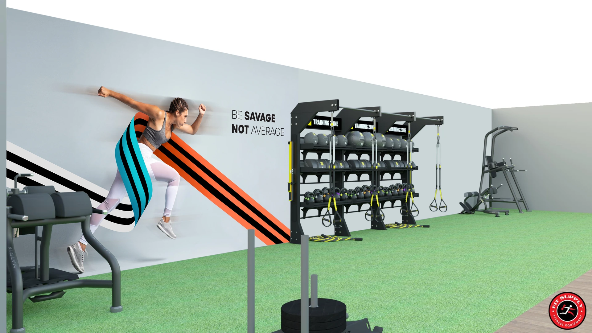 Action-photo wall graphic beside a functional rig with hanging bands, on turf flooring
