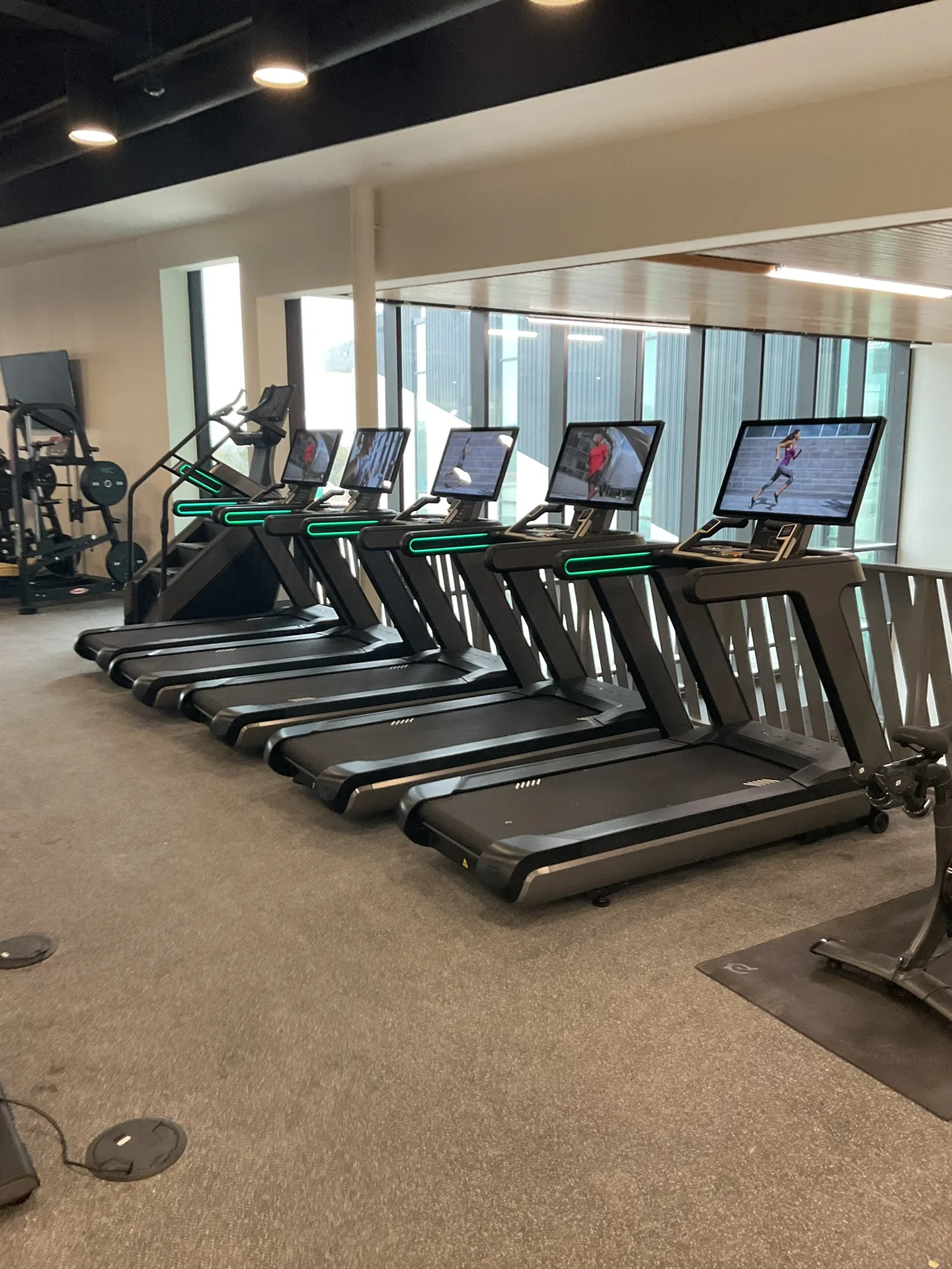 A row of Matrix treadmills with large touchscreen consoles along a window wall under a wood-slat ceiling