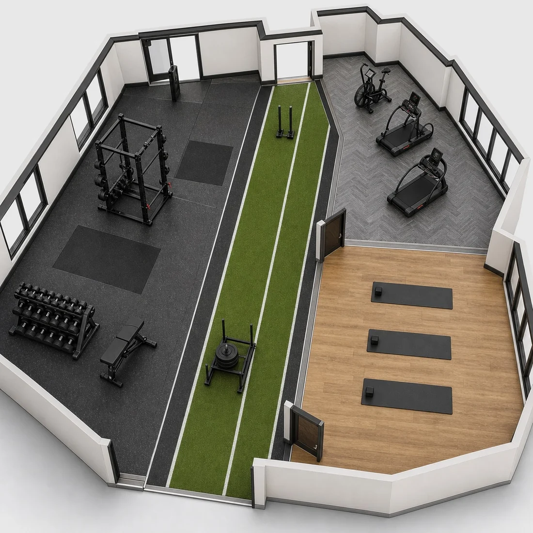 To-scale plan of a fitness room showing rubber, a turf sled lane, herringbone carpet tile and a wood-look studio zone