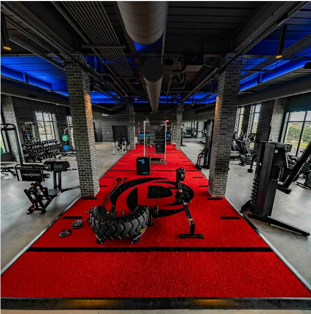 Red turf lane with a property logo cut into the surface, flanked by strength equipment and a tyre