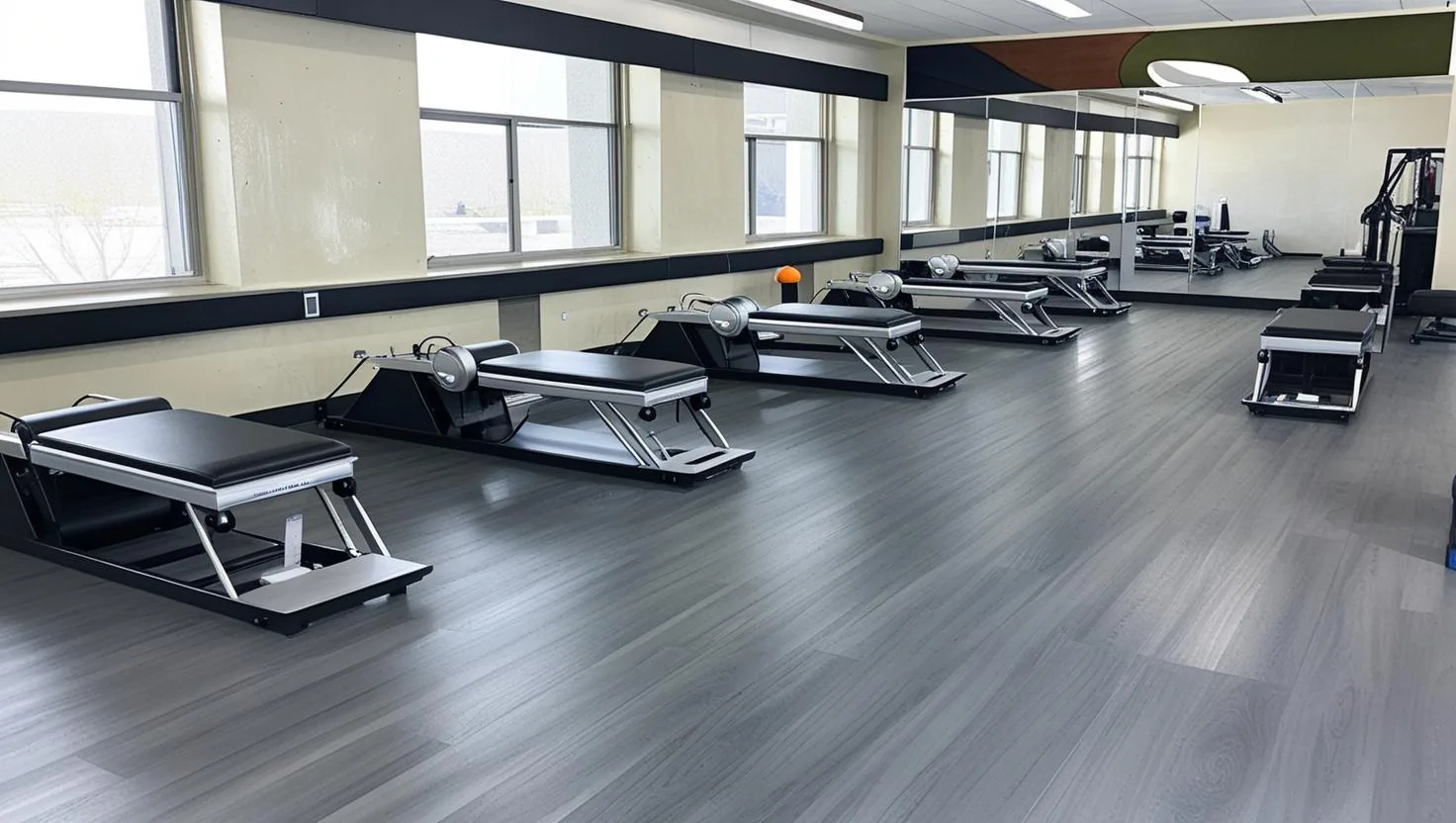 Dark luxury vinyl plank under a row of pilates reformers in a mirrored studio