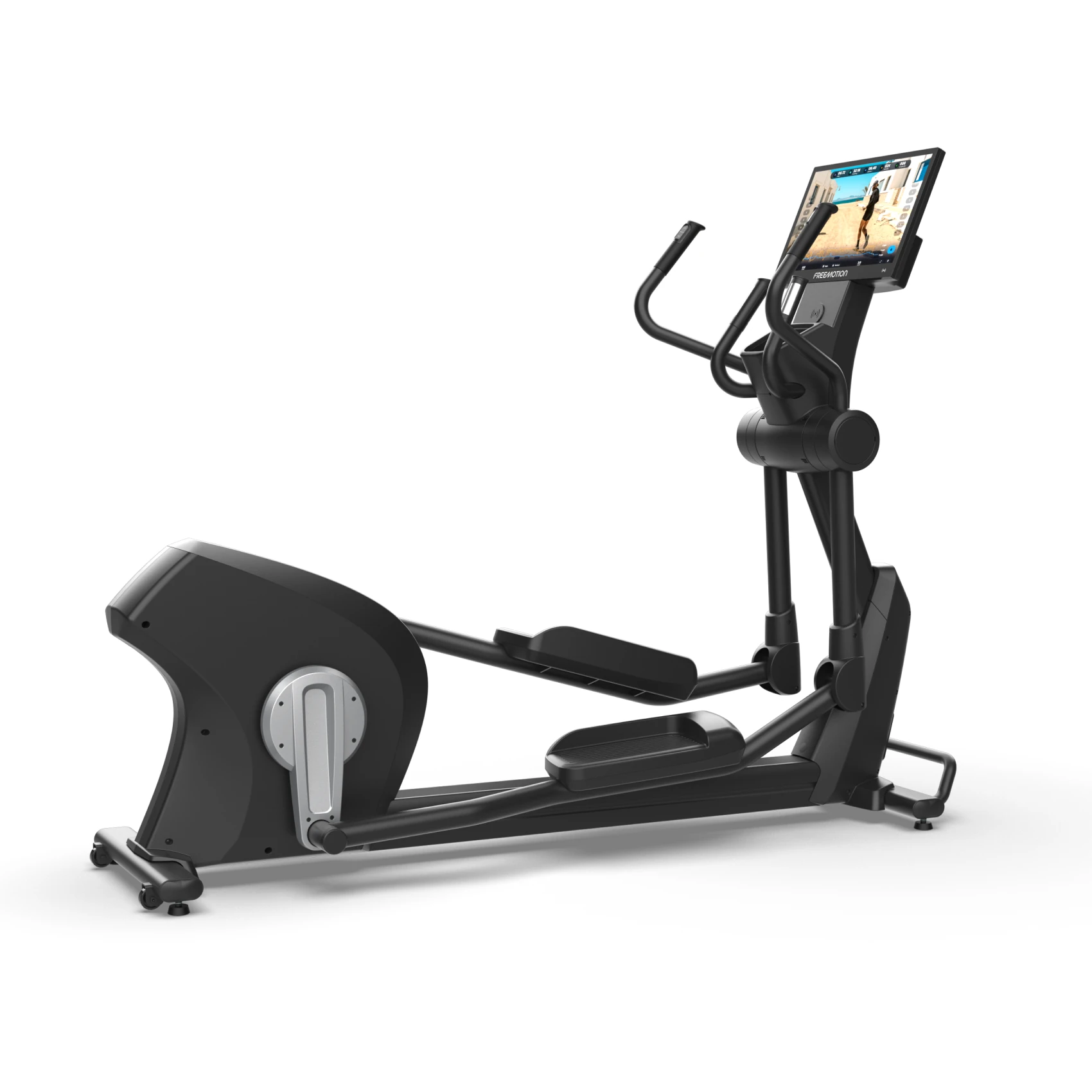 Black FreeMotion elliptical cross-trainer with articulating arm handles and a large touchscreen console