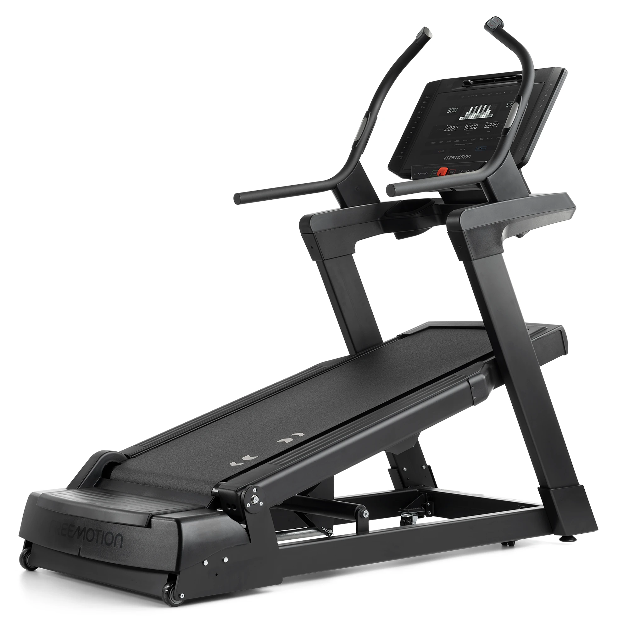 Black FreeMotion incline trainer treadmill from the 10 Series tilted uphill with a mid-size console