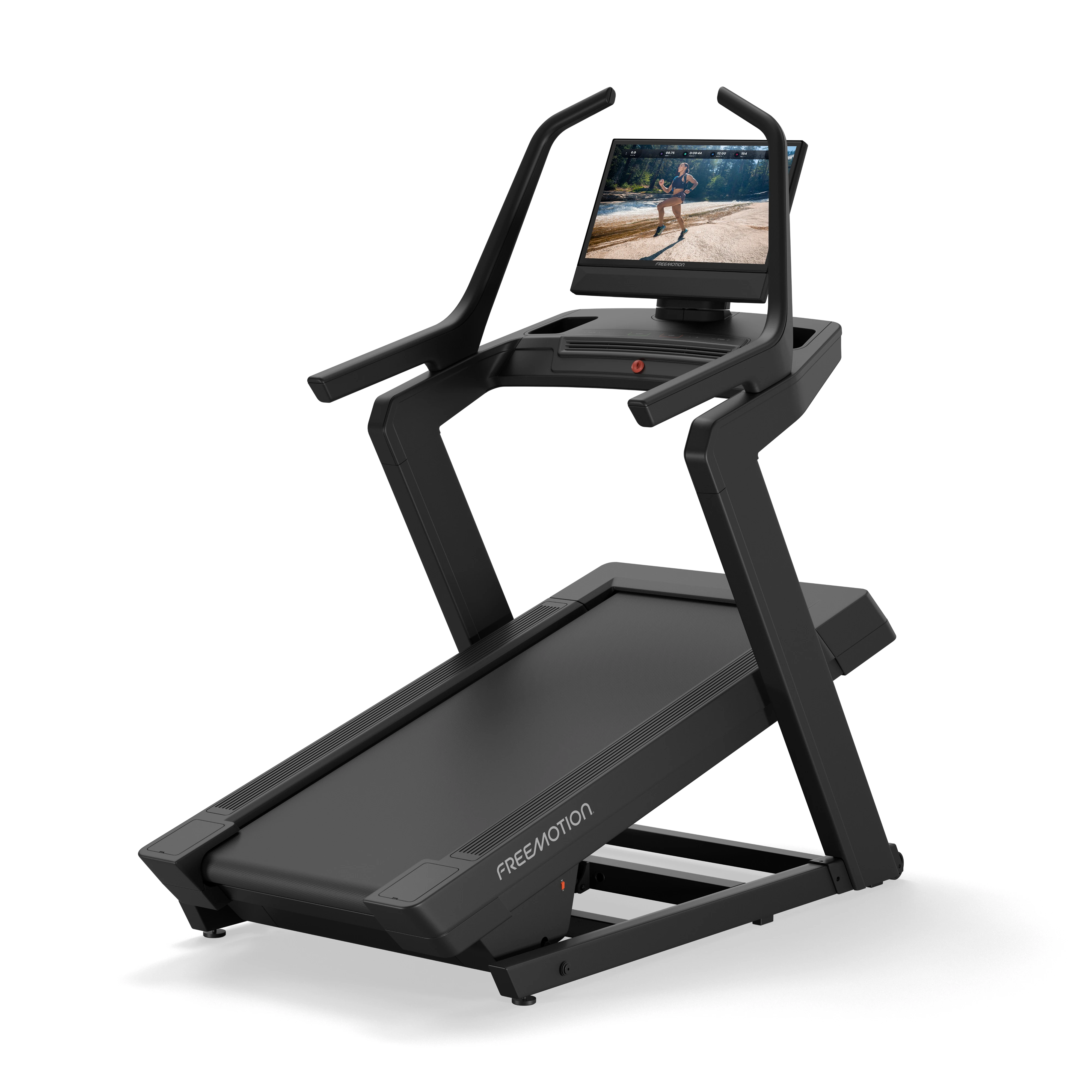 Black FreeMotion incline trainer treadmill from the 8 Series tilted steeply uphill with a pivoting touchscreen console