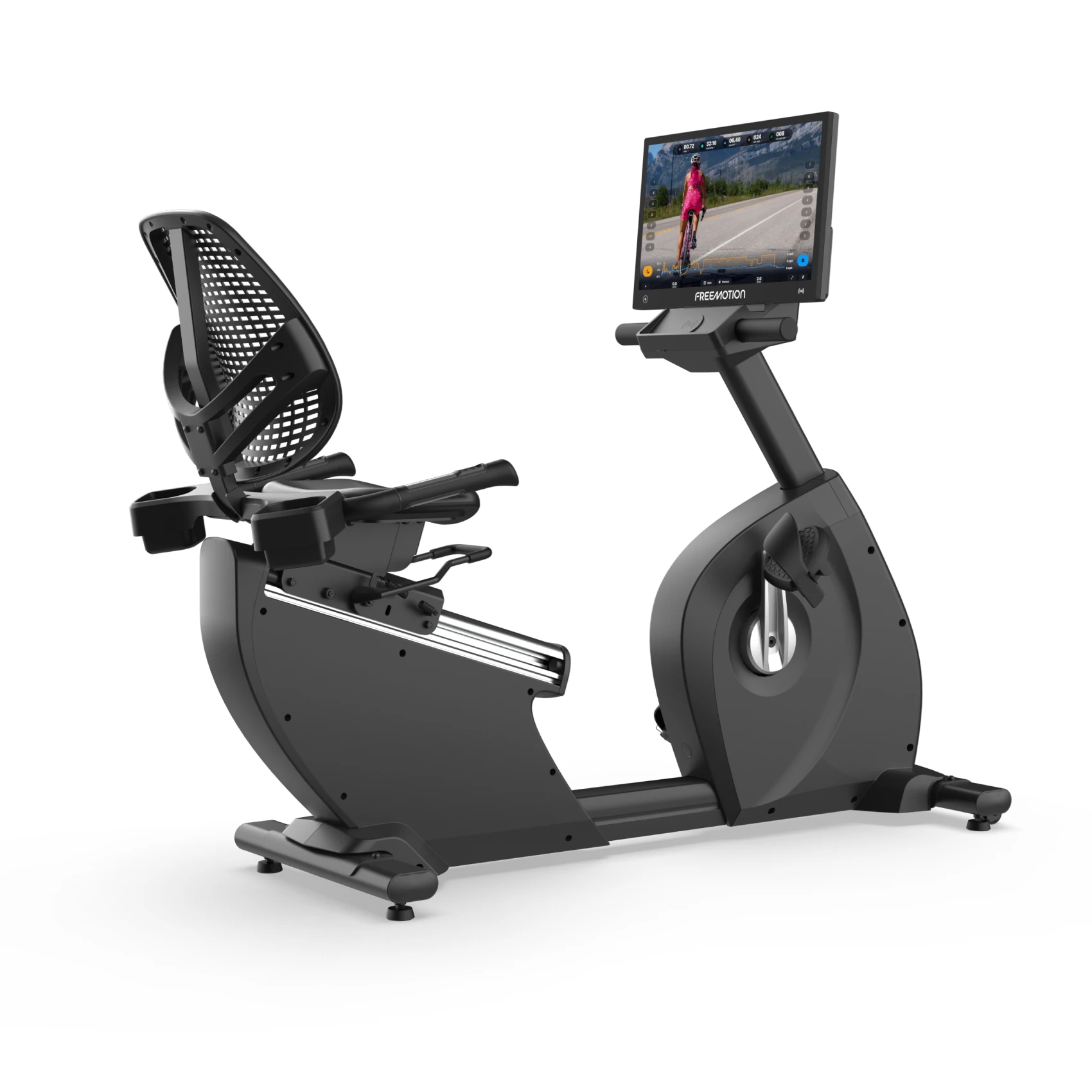 Black FreeMotion recumbent exercise bike with a mesh-backed seat and large touchscreen console