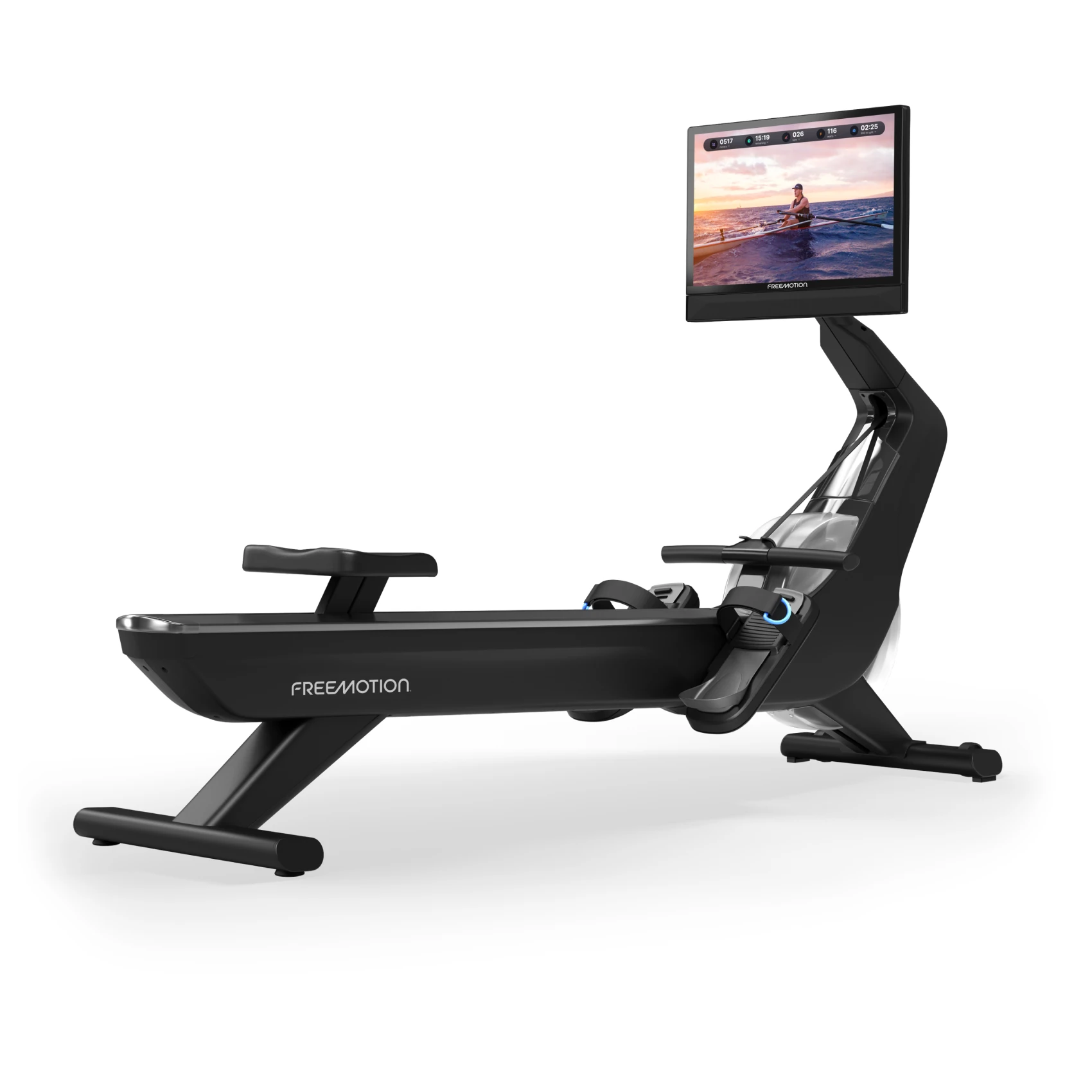 Black FreeMotion rowing machine with a fixed monorail, sliding seat and digital console