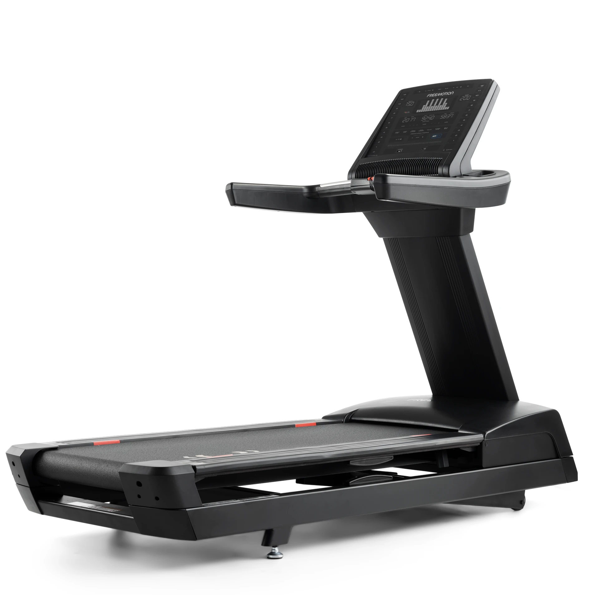 Black FreeMotion Reflex treadmill from the 10 Series with a mid-size console showing workout metrics