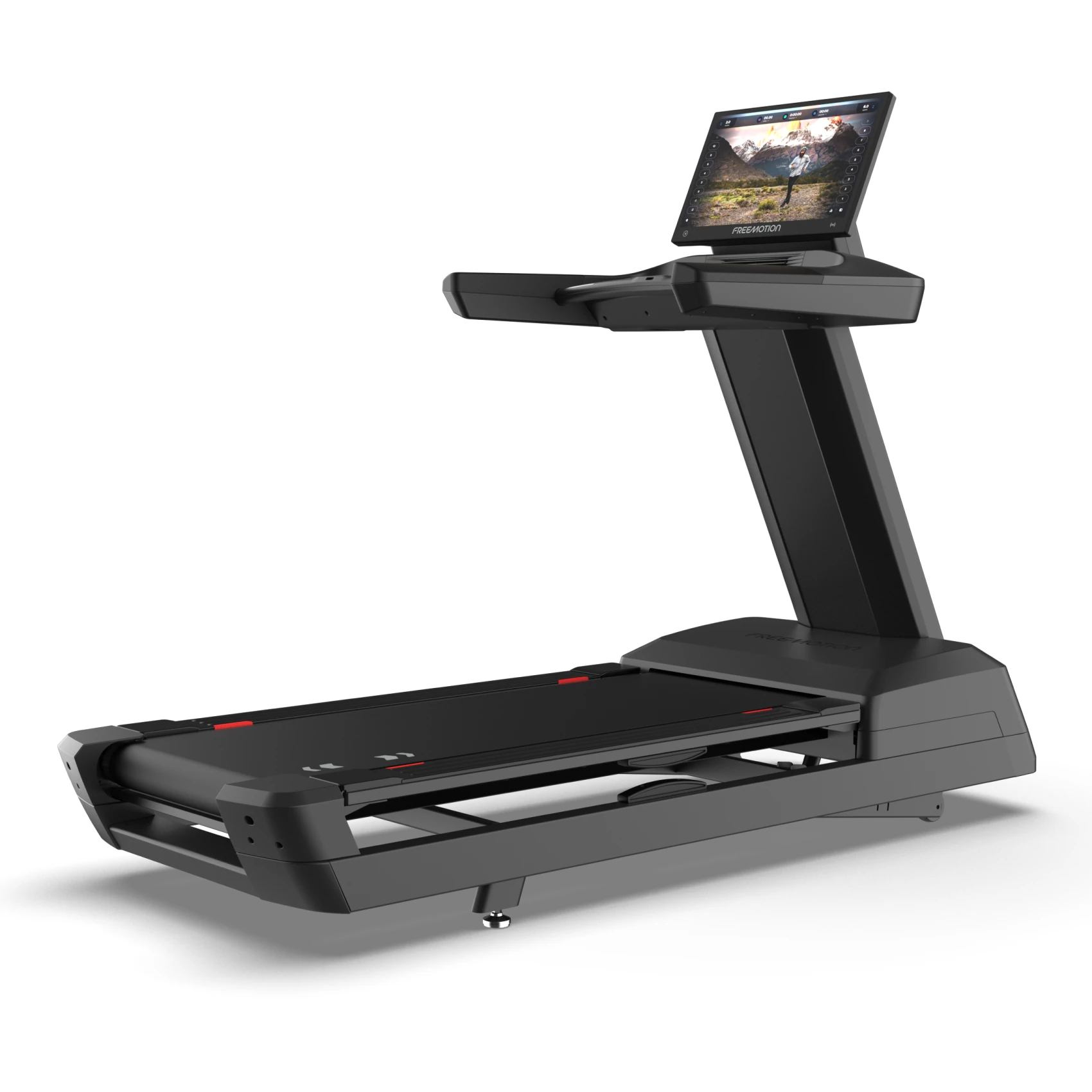 Black FreeMotion Reflex treadmill with a stepped two-level deck and large touchscreen console