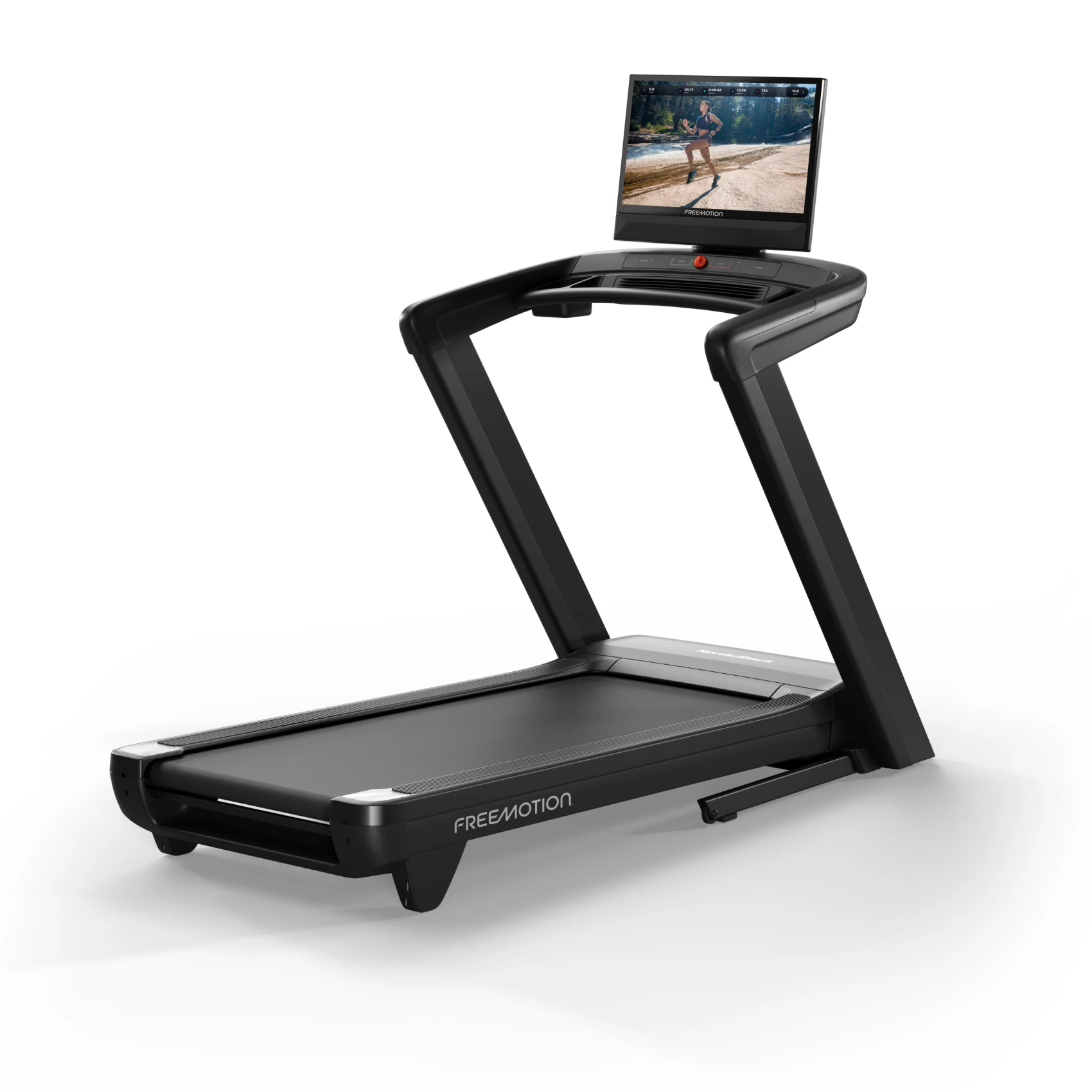 Black FreeMotion treadmill from the 8 Series with a pivoting touchscreen console