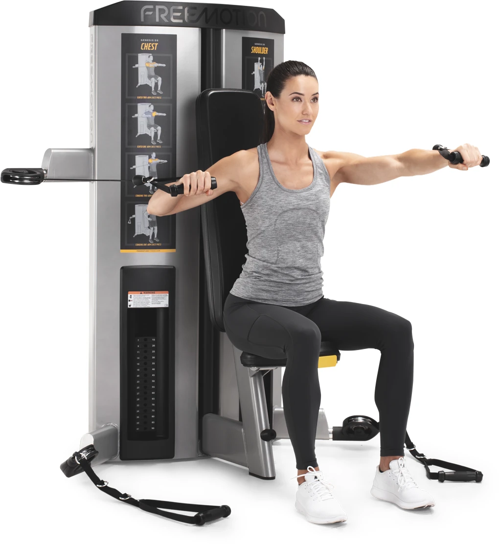 Silver and black FreeMotion GENESIS DS Chest/Shoulder dual-station cable machine with a fold-away seat