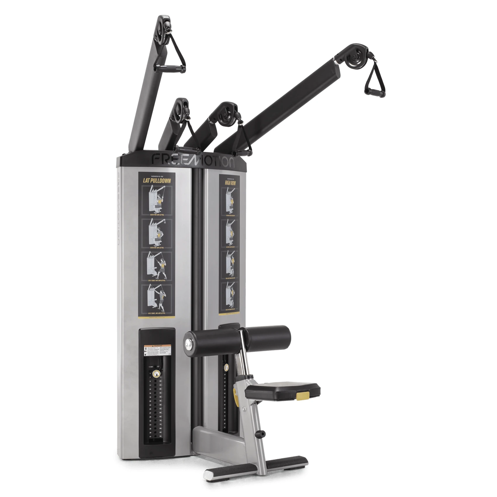 Black FreeMotion GENESIS DS Lat Pulldown/High Row dual-station cable tower with two overhead pulleys