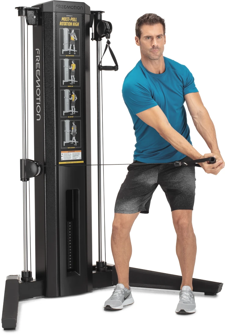 Black FreeMotion GENESIS Multi-Pull Rotation High cable station with a swiveling pulley on a linear guide