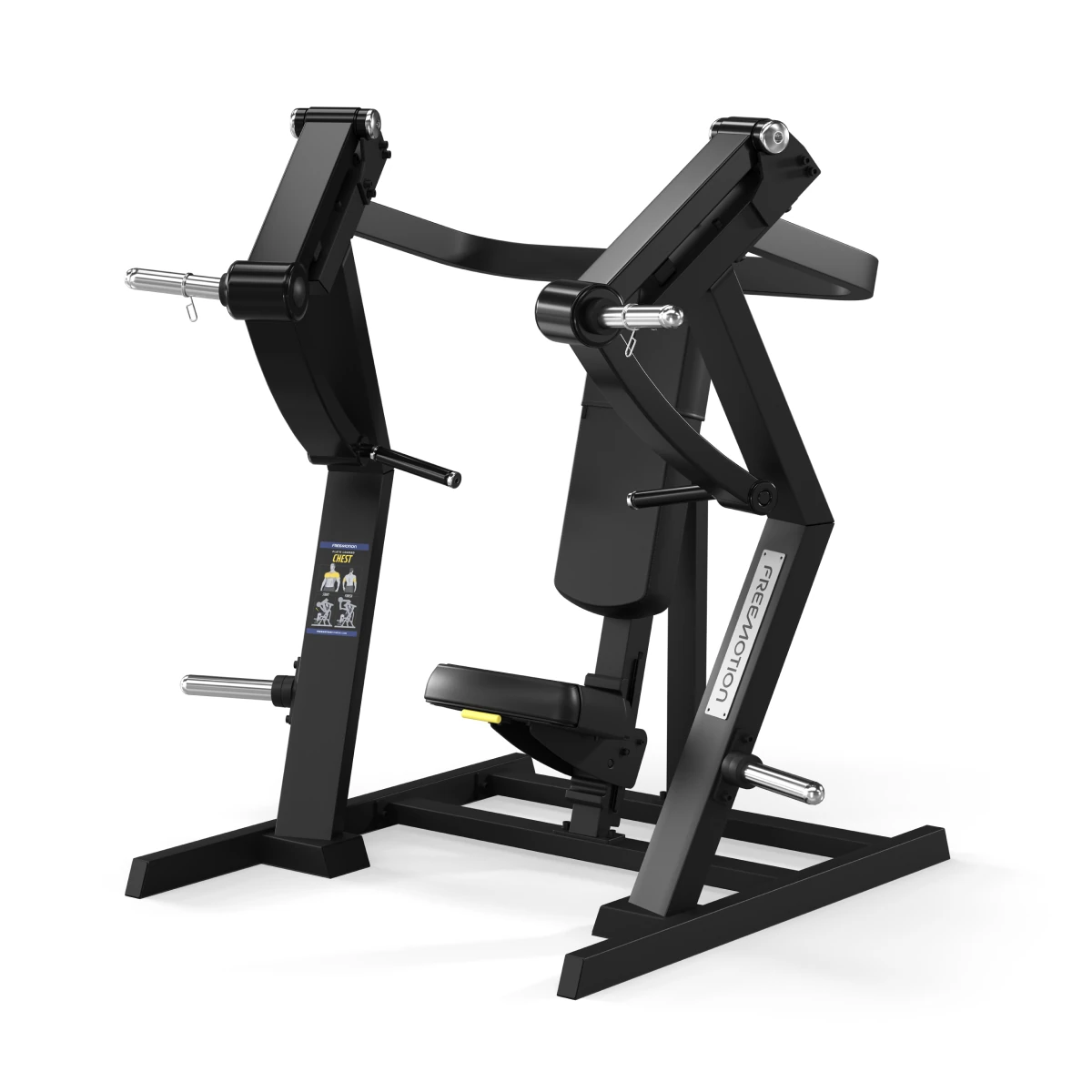Black FreeMotion EPIC Plate Loaded chest press machine with plate-loading posts on each arm