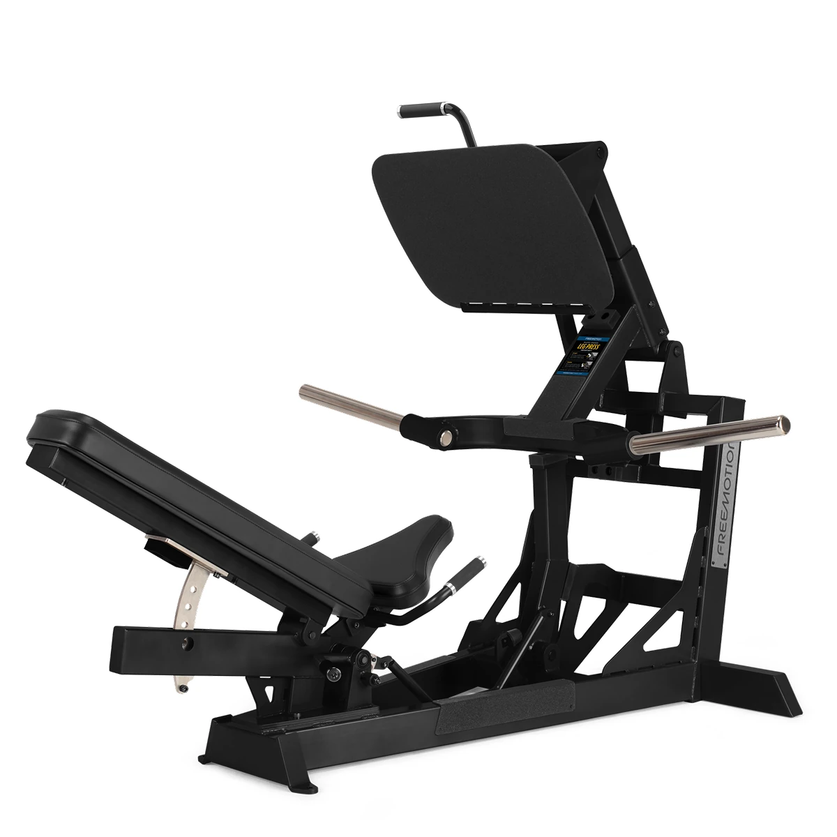 Black FreeMotion EPIC Plate Loaded leg press machine with a reclined backrest and angled foot platform