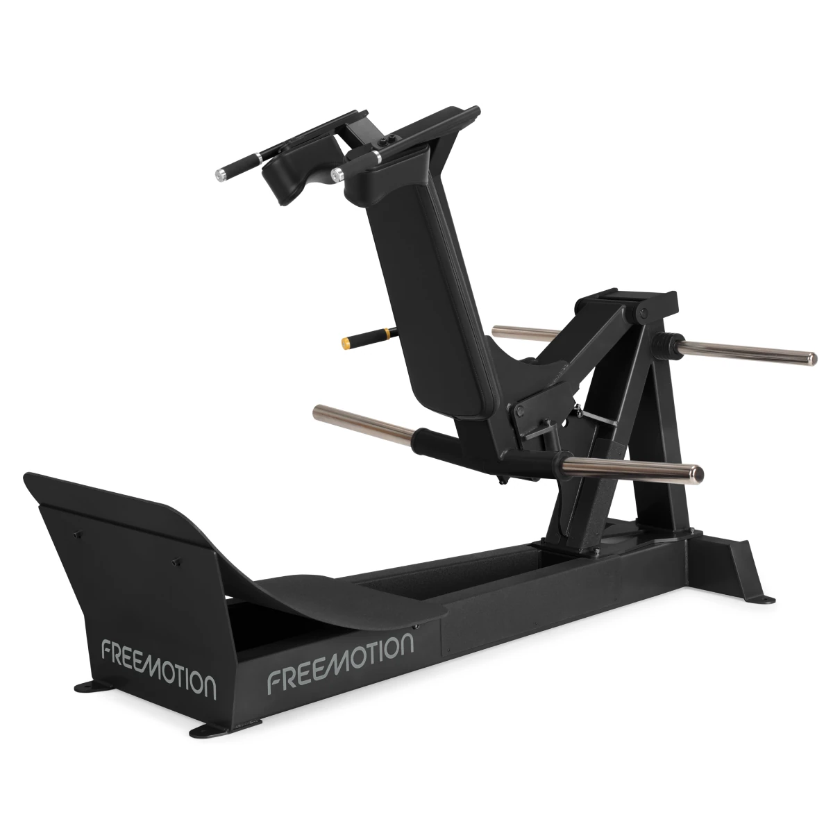 Black FreeMotion EPIC Plate Loaded squat machine with a contoured shoulder platform and weight-plate posts