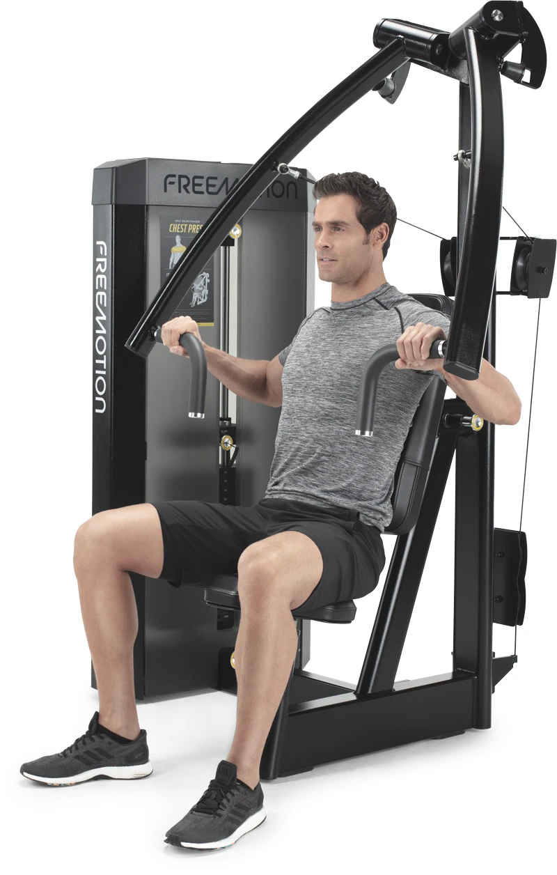 Black FreeMotion EPIC Selectorized chest press machine with converging press arms and a covered weight stack