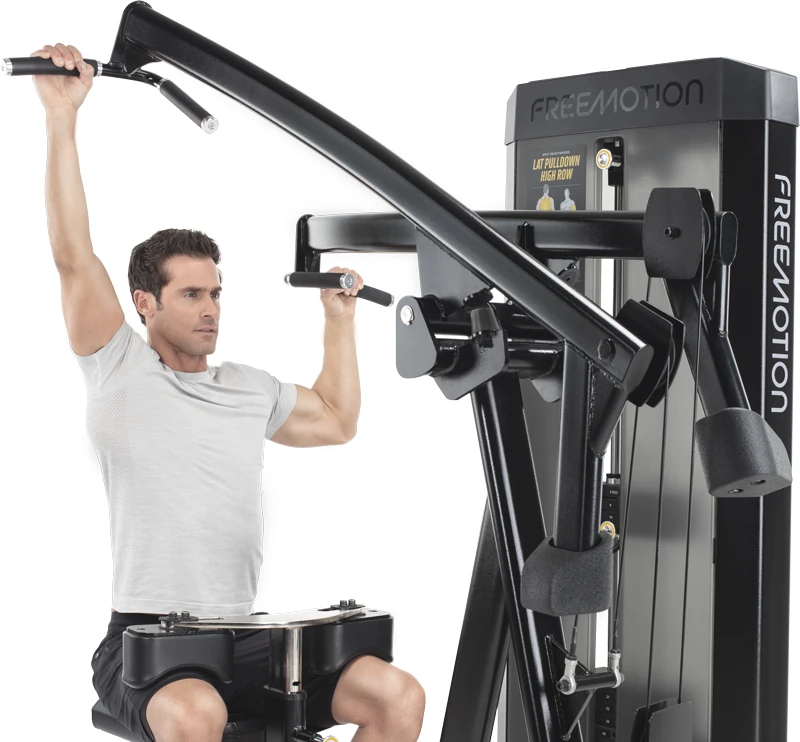 Black FreeMotion EPIC Selectorized lat pulldown and high row machine with a long pull-down bar