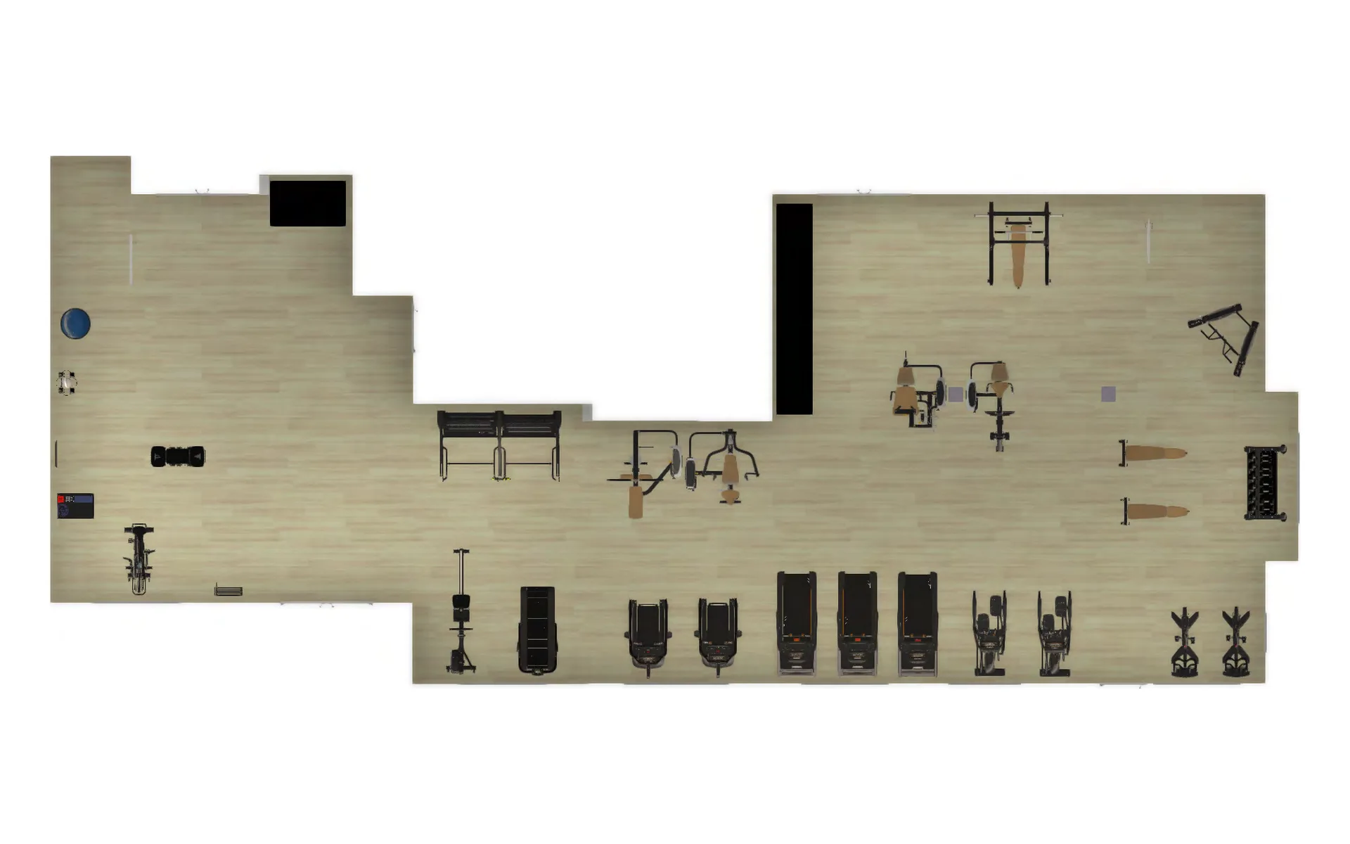 2D floor plan of a Grand Prairie, Texas apartment fitness center and studio, every machine numbered and placed to scale