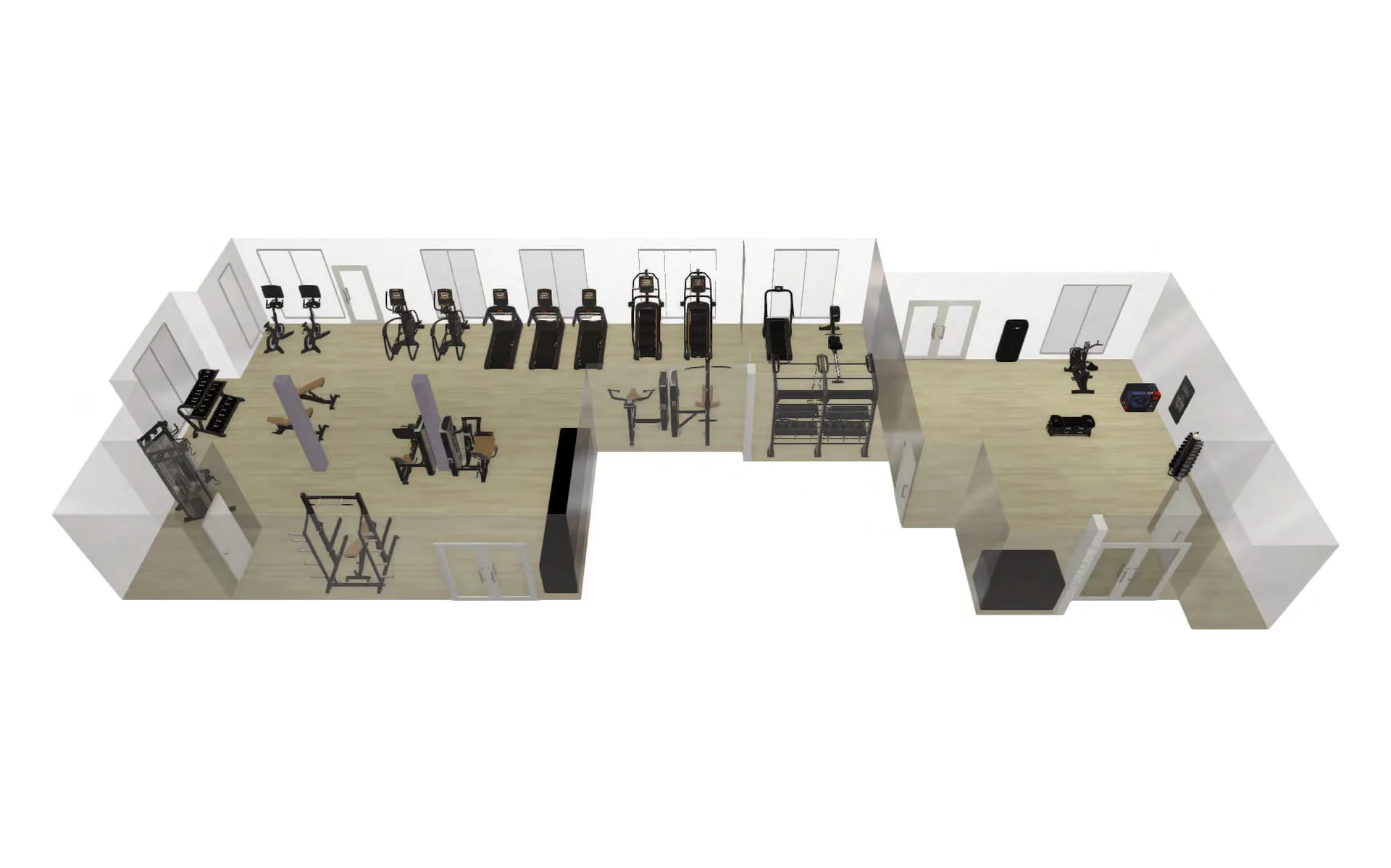 3D rendering of a Grand Prairie apartment gym: cardio row at the windows, Matrix strength line and half rack in front