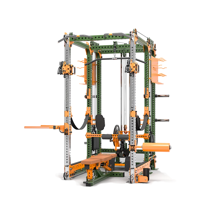 A GYM80 80Athletics Power Rack Cable station with barbell, pull-up bar and cable pulleys