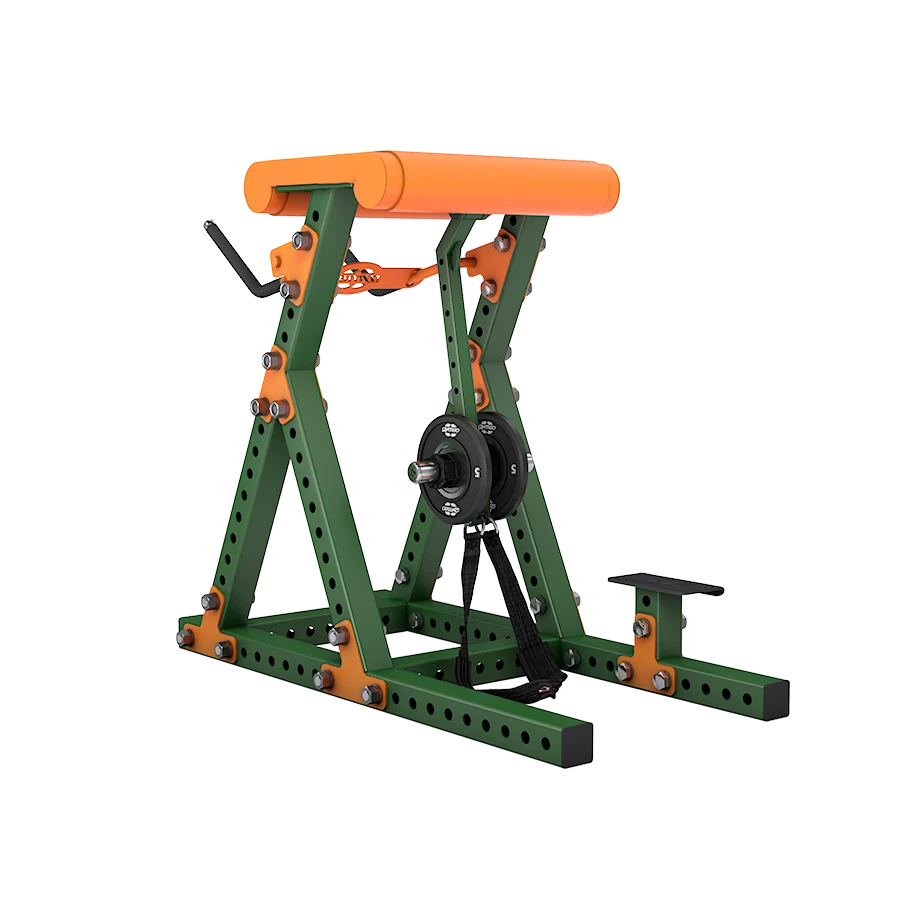 A GYM80 80Athletics Reverse Hyper Extension machine with weight plates