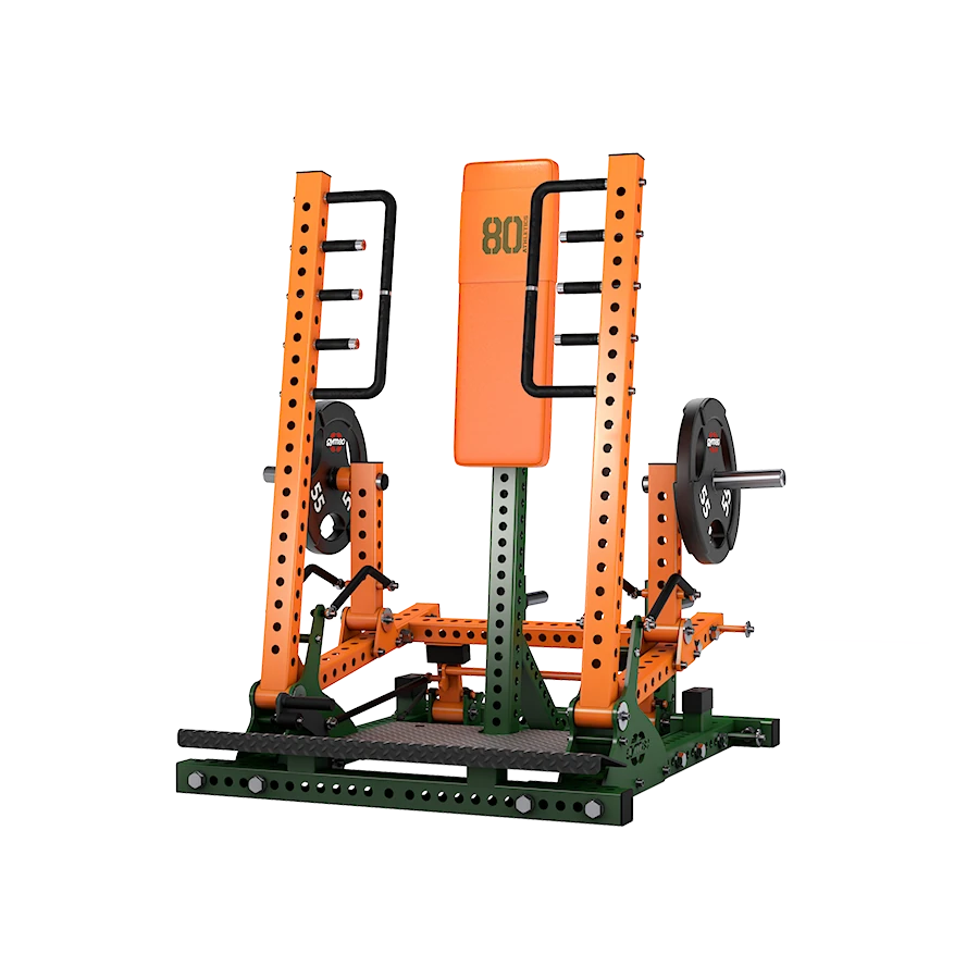A GYM80 80Athletics Standing Chest Press machine with weight plates loaded