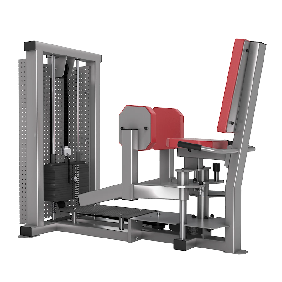 A silver and red GYM80 80Classics Abduction Machine with a movable knee pad arm