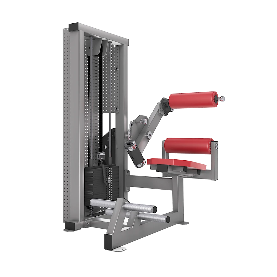 A silver and red GYM80 80Classics Lower Back Machine with a padded hinged extension arm