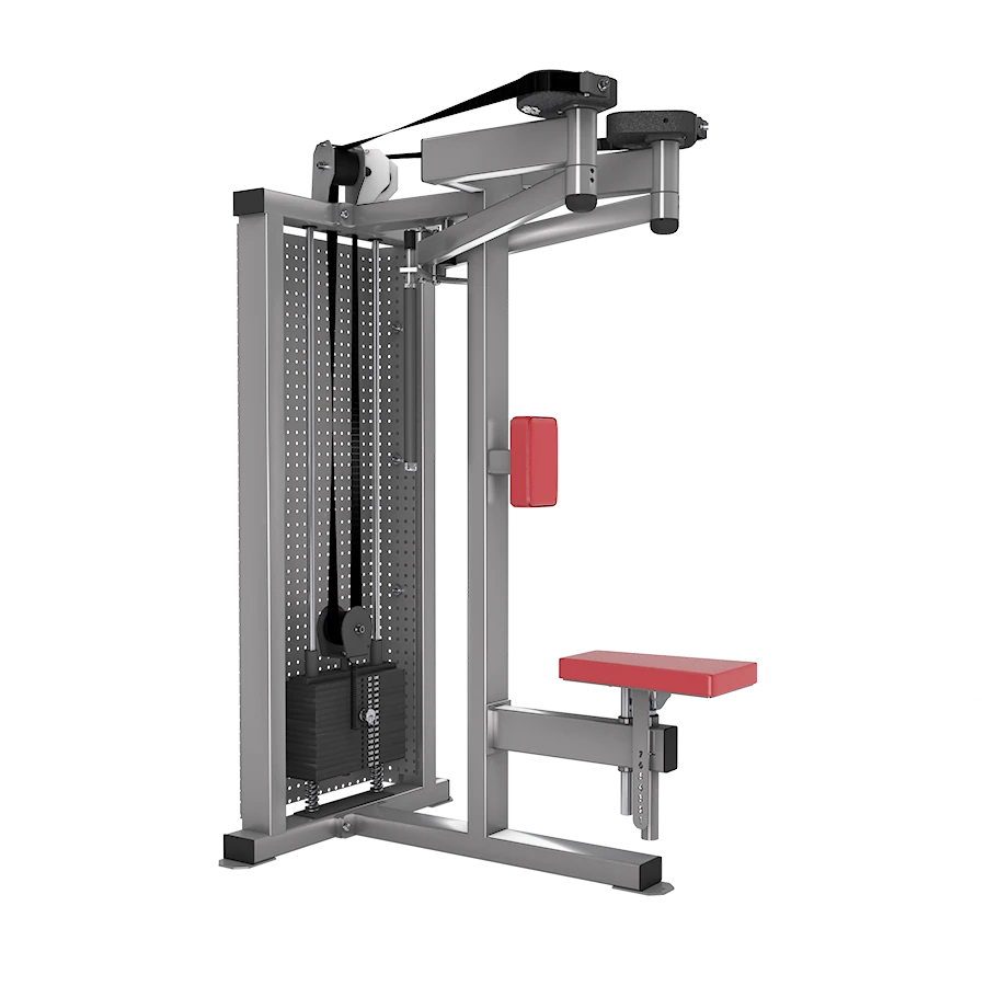 A silver and red GYM80 80Classics Reverse Fly Rear Delt machine with dual overhead pulley arms