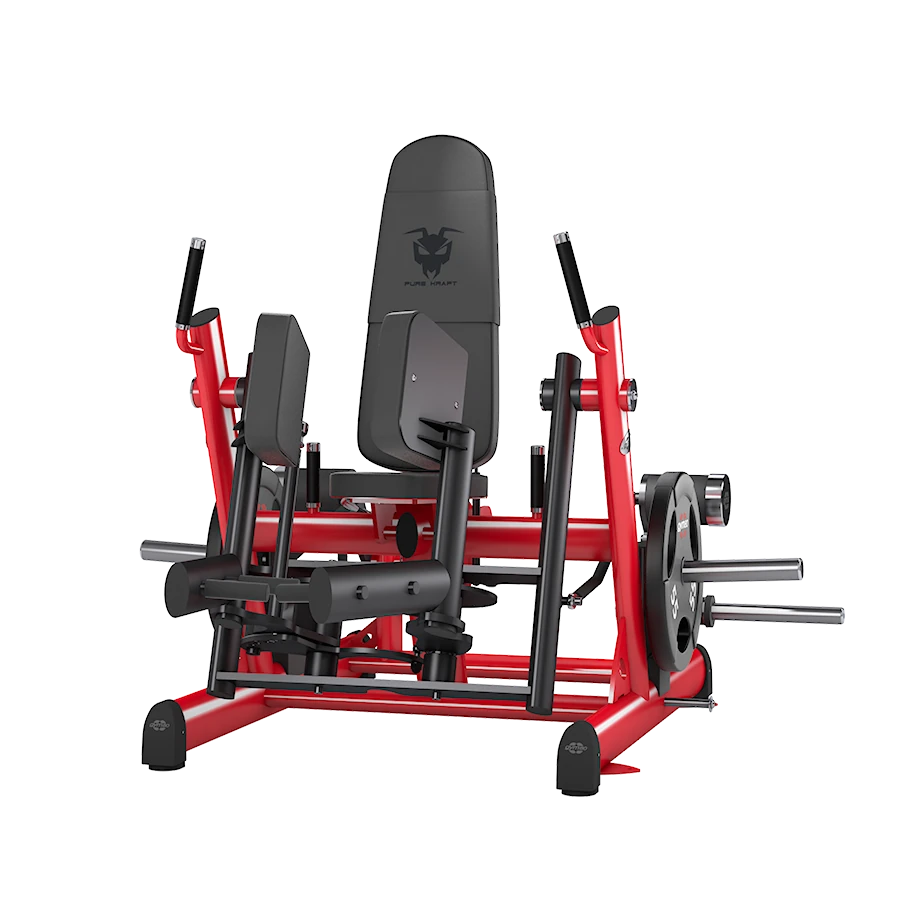 A red GYM80 Pure Kraft Abduction 3D machine with an adjustable backrest and dual knee pads