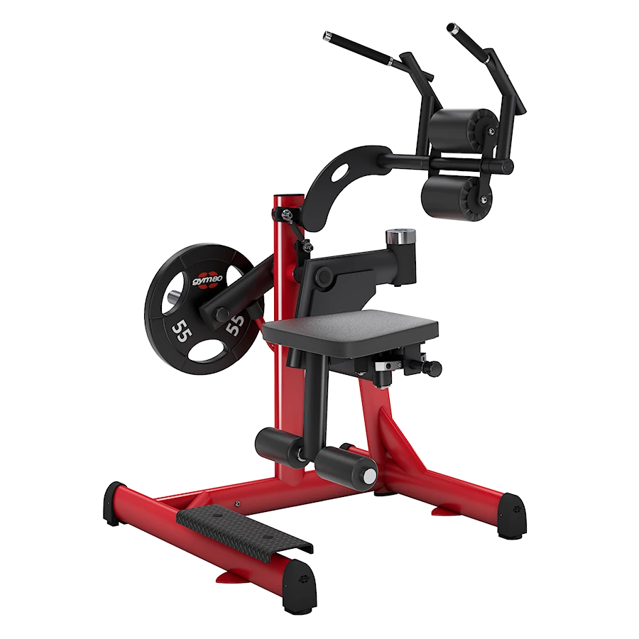 A red GYM80 Pure Kraft Rotating Abdominal Crunch machine with an overhead rotating arm