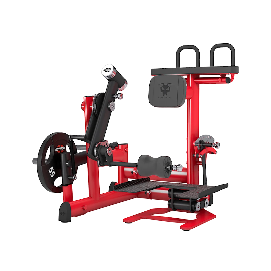 A red GYM80 Pure Kraft Standing Leg Curl machine with an adjustable foot pad