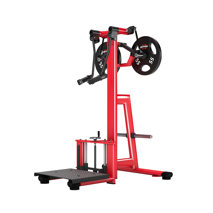A red GYM80 Pure Kraft Standing Shoulder Lateral Raise machine with swiveling arm pads