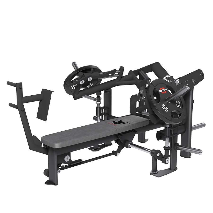 A GYM80 Pure Kraft Strong Bench Press Dual machine with weight plates loaded