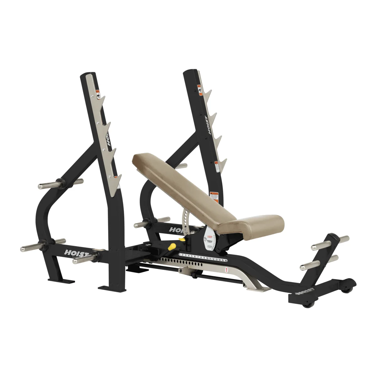 Black HOIST CF-2179-B three-way Olympic bench with a beige pad and bar uprights