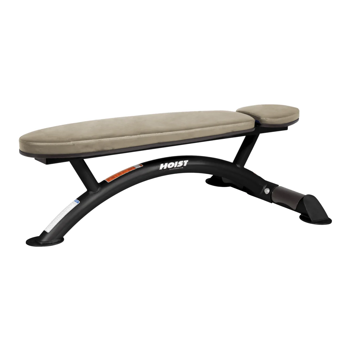 Black HOIST CF-3163 flat bench with beige upholstery on an arched tripod frame
