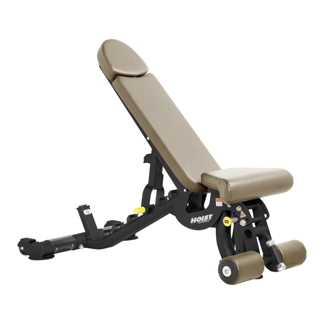 Black HOIST CF-3165 adjustable bench with beige upholstery raised to an incline