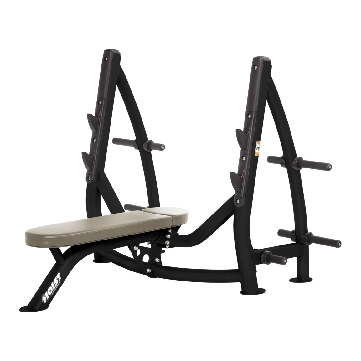 Black HOIST CF-3170-A Olympic flat bench with a beige pad, angled uprights and plate storage