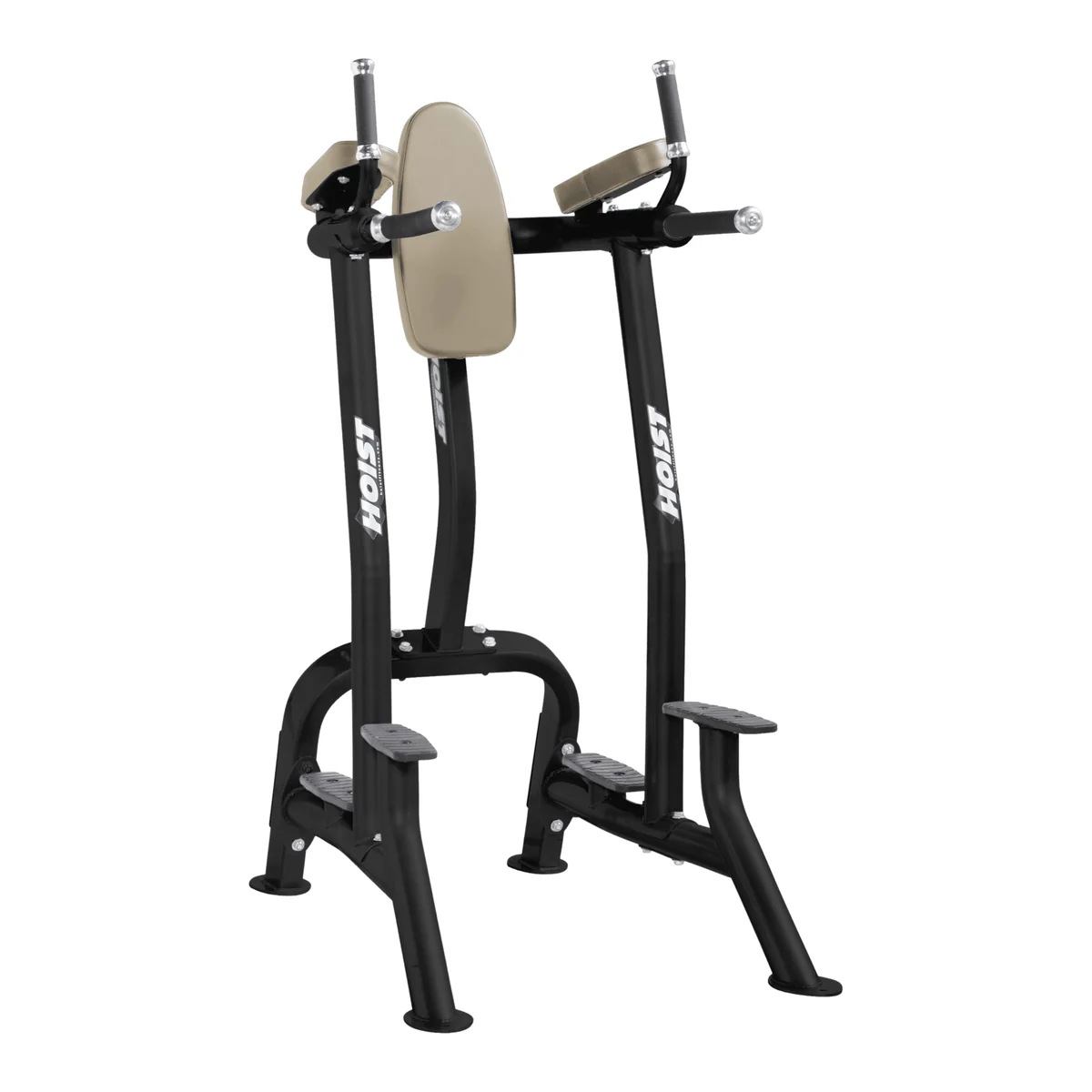 Black HOIST CF-3252-A vertical knee raise and dip station with a beige back pad