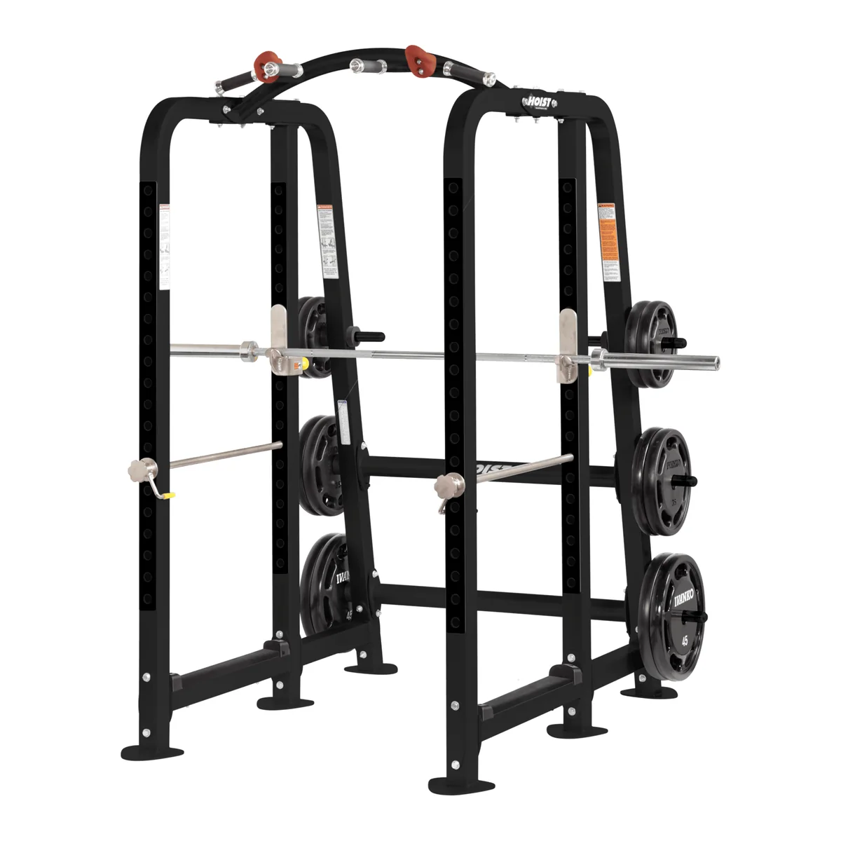 Black HOIST CF-3364 power cage with a barbell, weight plates and a pull-up bar
